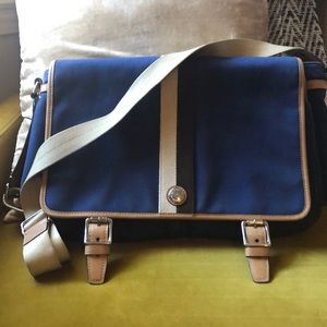 Blue and tan Coach laptop carrier